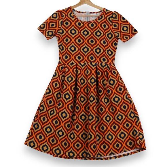 LuLaRoe Dresses & Skirts - LuluRoe Womens Fit and Flare Dress M Orange Navy Geometric Mod Retro Skater